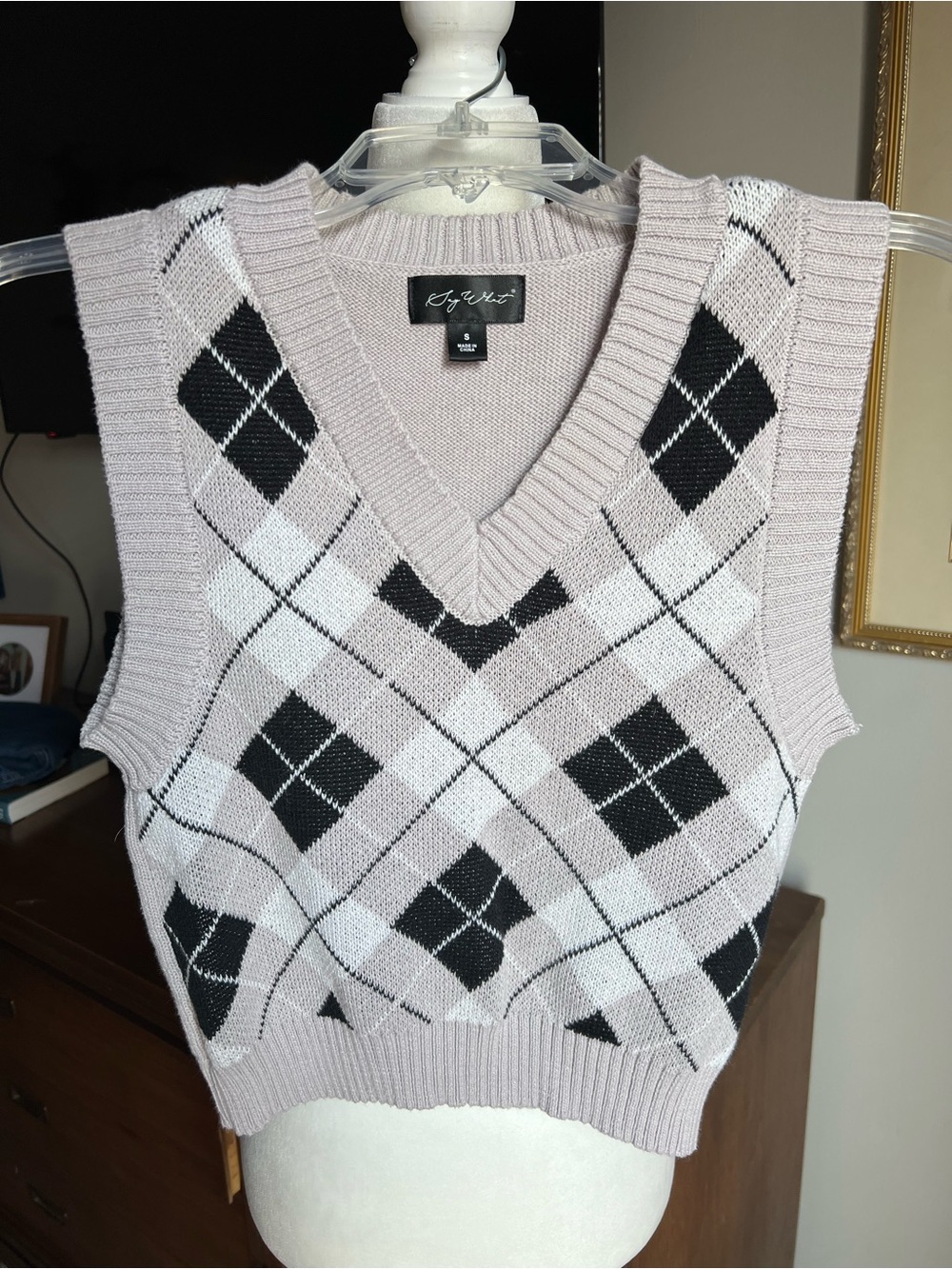 Say What? Mauve Argyle V-Neck Sweater Vest with Black & White Diamonds